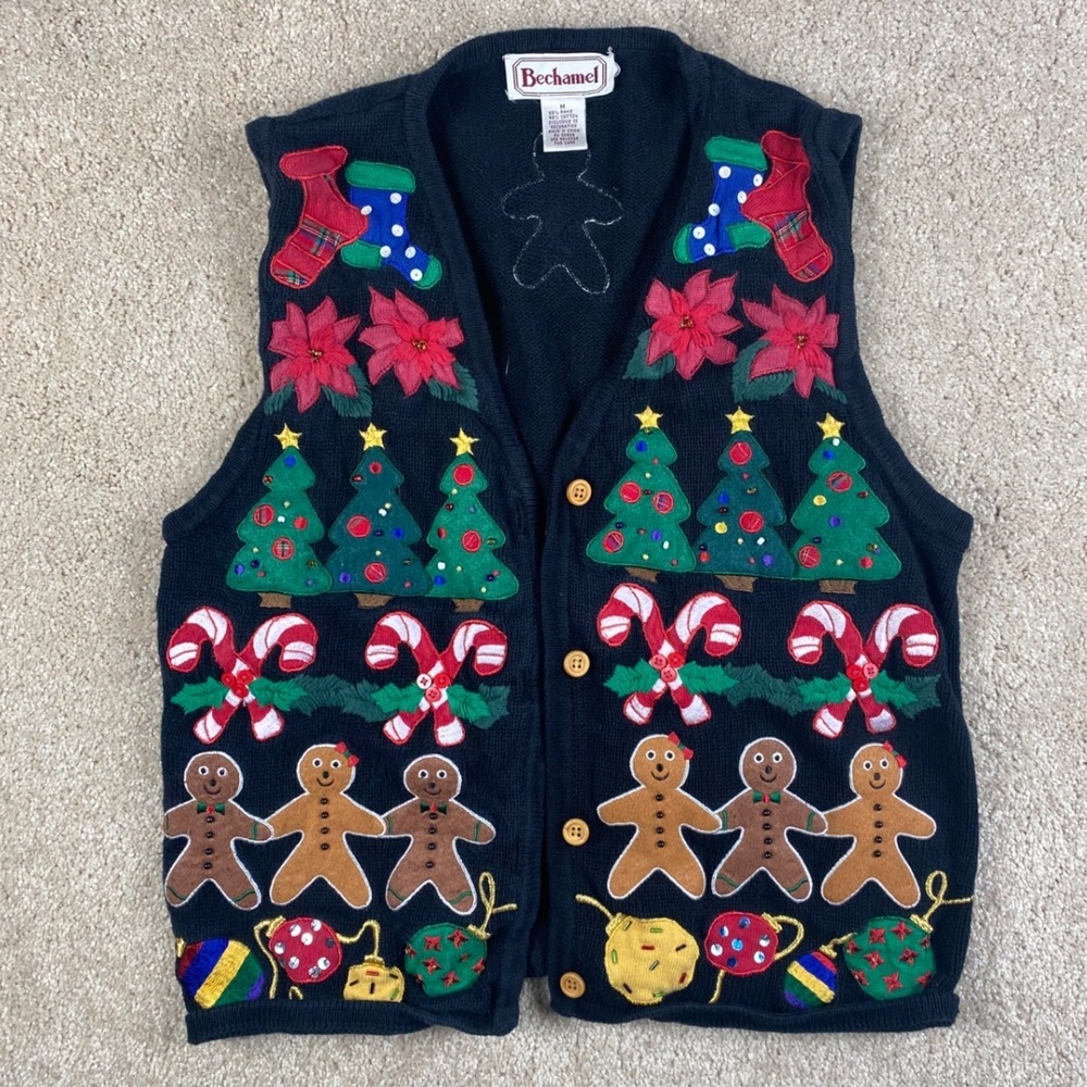 Bechamel Vintage Christmas Sweater Vest Gingerbread Candy Cane Beaded Black Med